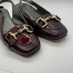 Vaneli wine leather/patent leather slingback shoes with silver chain accent